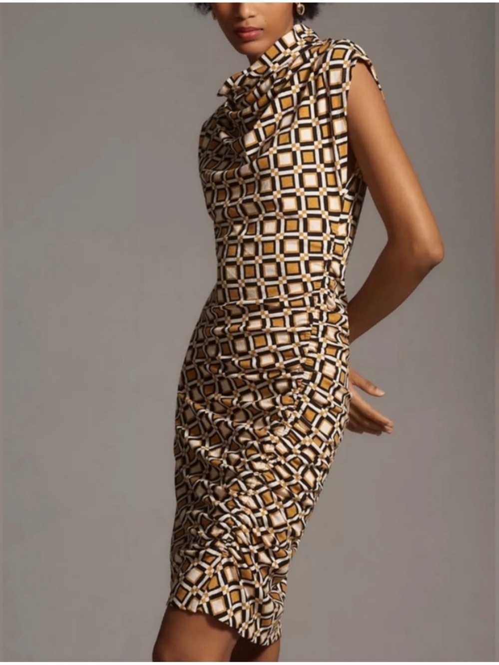 Anthropologie Maya mock neck Ruched Sleeveless Dress in Brown motif NWT Sz L